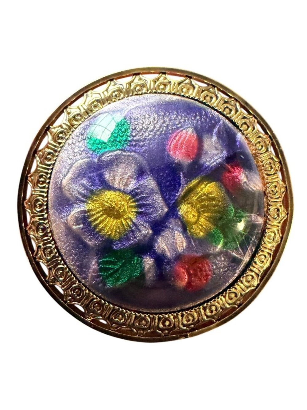 Vintage Reverse Carved Lucite Brooch Gold Tone Floral Pin 1950s New Old Stock